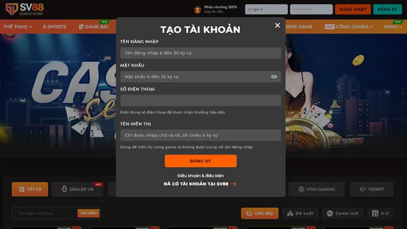 Đăng ký tài khoản SV88 nhanh chóng để tham gia đặt cược