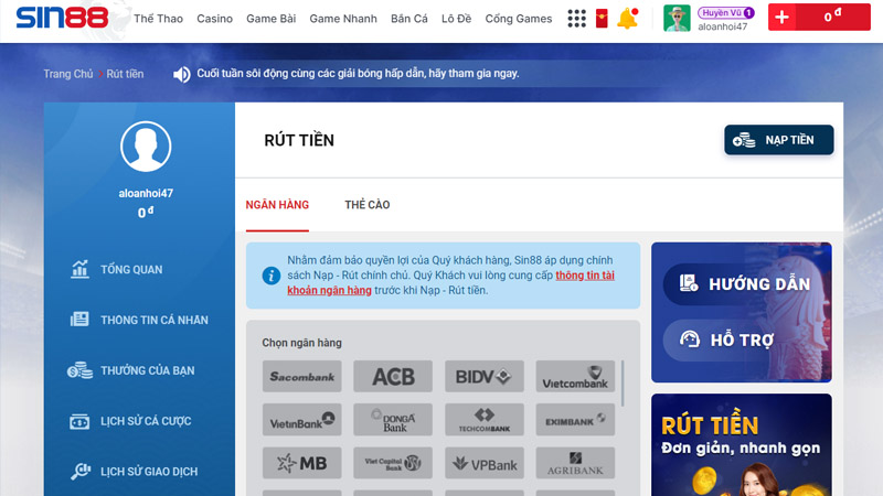 Rút tiền Sin88 để mang về tiền mặt nhanh chóng